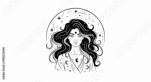 Celestial woman with flowing hair adorned with stars and moons