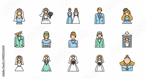 Collection of simple line art icons depicting wedding attire and figures