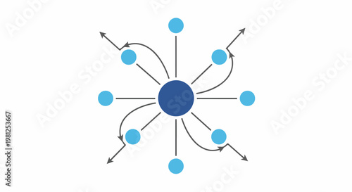 Central blue circle with radiating blue dots connected by arrows