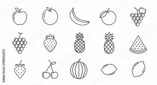 Collection of simple line art icons representing various fresh fruits
