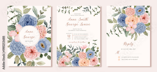 wedding invitation set with pink blue floral watercolor background