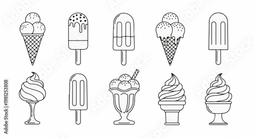 Collection of various ice cream desserts, cones, and popsicles