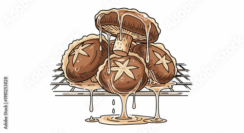 Brown mushrooms covered in a creamy sauce drip onto a grate