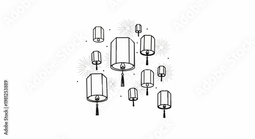 Collection of stylized sky lanterns with tassels, glowing flames and radiating light bursts