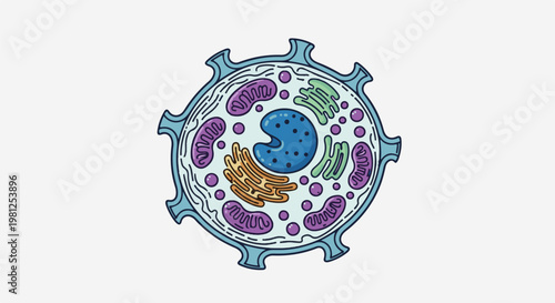 Cartoon illustration of a eukaryotic cell with nucleus, mitochondria, and endoplasmic reticulum