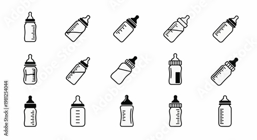 Collection of 15 different styles of baby bottles with markings