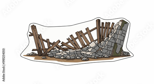 Collapsed structure of rough stones and broken wooden beams