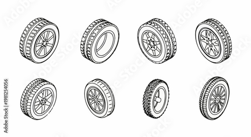 Collection of various wheel and tire illustrations in isometric view