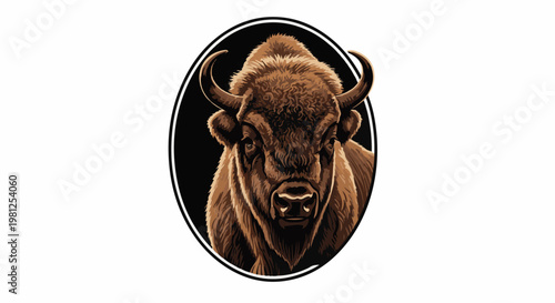 Close-up pixelated portrait of a brown bison's head in an oval frame