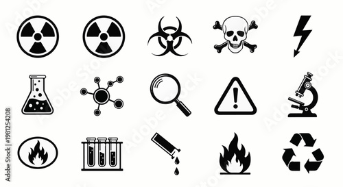 Collection of 15 science and danger warning icons