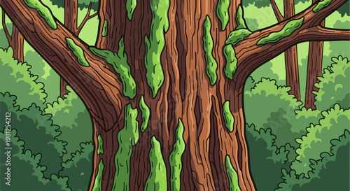 Close-up view of a textured tree trunk covered in moss in a lush forest