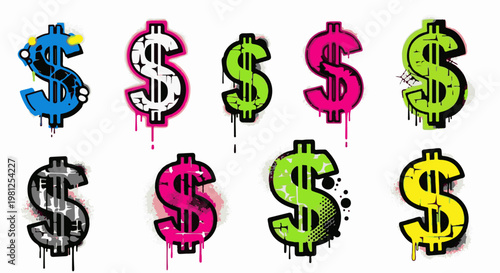 Collection of vibrantly colored dollar signs with a distressed, drippy graffiti art style