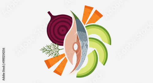 Colorful arrangement of fresh fish steak, onion, carrots, avocado, and dill