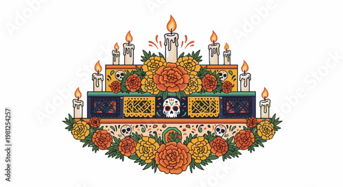 Colorful altar with candles, marigolds, and sugar skulls