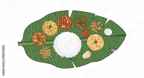 Colorful assortment of Indian dishes served on a vibrant green banana leaf