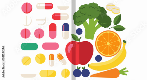 Colorful assortment of pills and fresh fruits and vegetables
