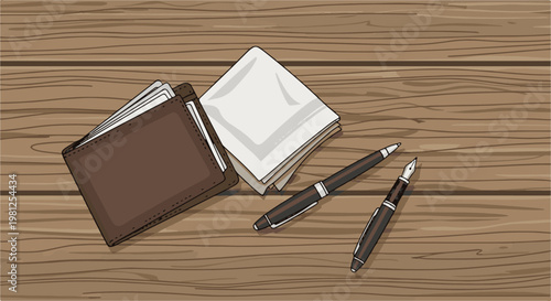 Brown wallet, white cloth, and pens on a wooden table