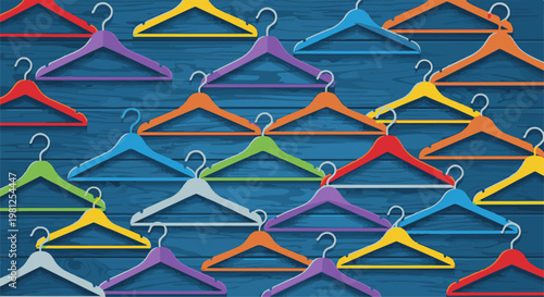 Colorful clothes hangers arranged on a blue wooden surface background