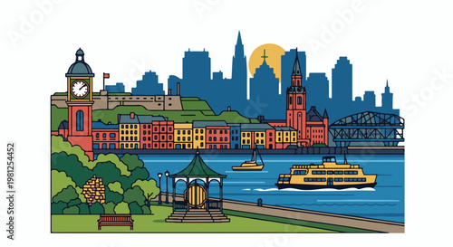 Colorful city skyline with buildings, clock tower, bridge, and boats on water
