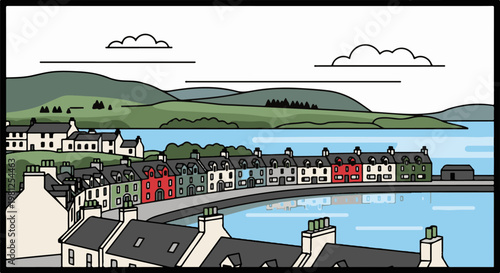 Colorful coastal village with rolling hills and reflective water