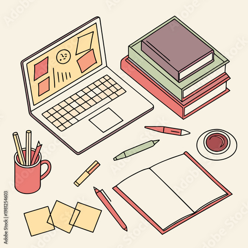 A laptop computer surrounded by books and stationery