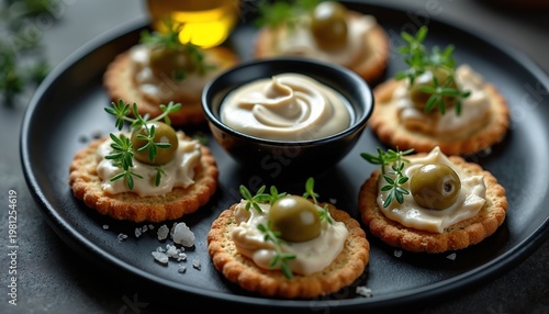 Round crackers topped with creamy spread green olive and fresh herb sprig on black plate. Dip bowl nearby, coarse salt scattered. Appetizer bites ready for serving.