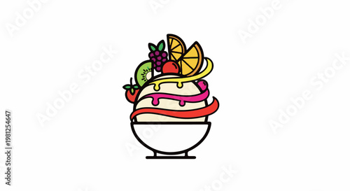 Colorful ice cream sundae topped with fresh fruits and vibrant syrup swirls