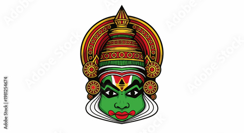 Colorful Indian Kathakali dancer's mask with traditional headdress