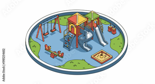Colorful isometric illustration of an outdoor playground with swings, slides, and a sandbox
