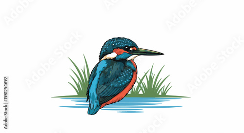 Colorful kingfisher perched by water with reeds