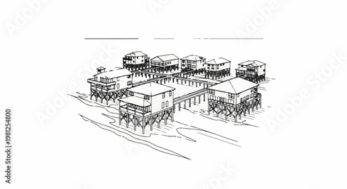 Cluster of elevated houses on stilts connected by walkways over uneven ground