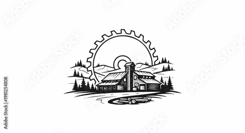 Circular saw blade framing a rustic barn in a forest landscape