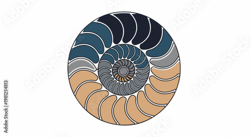 Circular, segmented, spiraling pattern in muted earth tones and blues