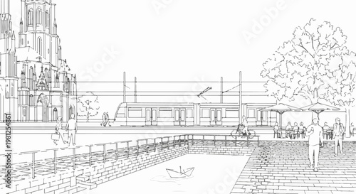 City scene with train, canal, people, and historic architecture