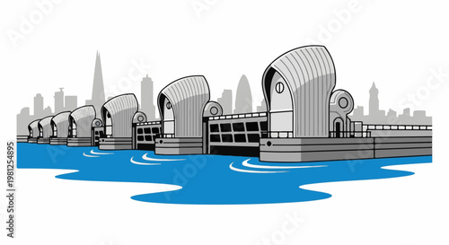City skyline with a series of large, curved flood defense gates on blue water