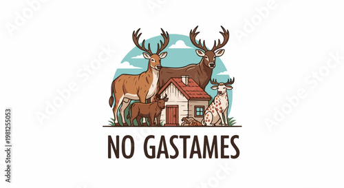 Cartoon illustration of deer and cattle around a house with text below