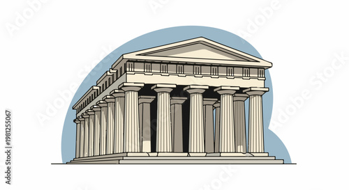 Classical Greek temple with fluted columns and a triangular pediment, light blue backdrop
