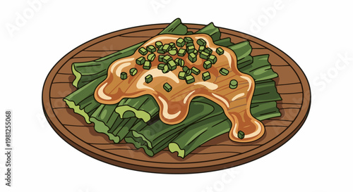 Cartoon illustration of green stalks with a peanut sauce and chopped herbs