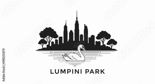 Cityscape silhouette with swan on water and trees