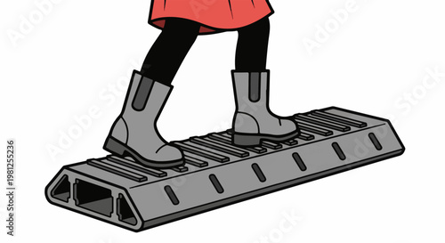 Cartoon legs in boots stand on a ribbed, industrial platform