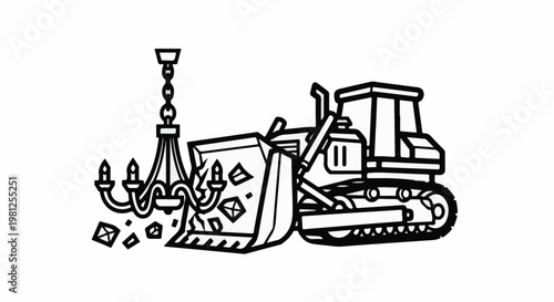 Bulldozer scoops up a broken chandelier and scattered gems