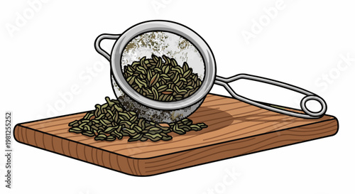 Close up of a strainer with dried herbs on a wooden cutting board