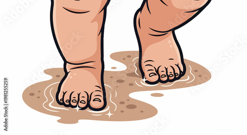 Close up of bare feet walking through shallow, sandy water with splashes
