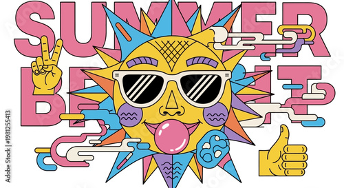 Cool Sun with Sunglasses and Bubblegum Summer Beat Illustration.