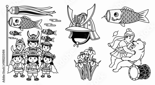Children in samurai helmets with koi flags, iris flowers, and a child with bear