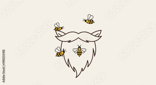 Cartoon beard with mustache and buzzing bees against a light background