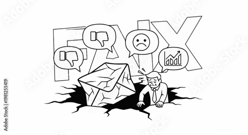 Businessman struggling as concept cracks and negative feedback looms