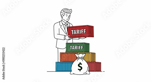 Businessman stacks tariff containers, money bag below