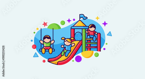 Children joyfully playing on a colorful playground with swings and slides