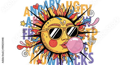Cool Sun with Sunglasses Blowing Bubble Gum Cartoon Illustration.